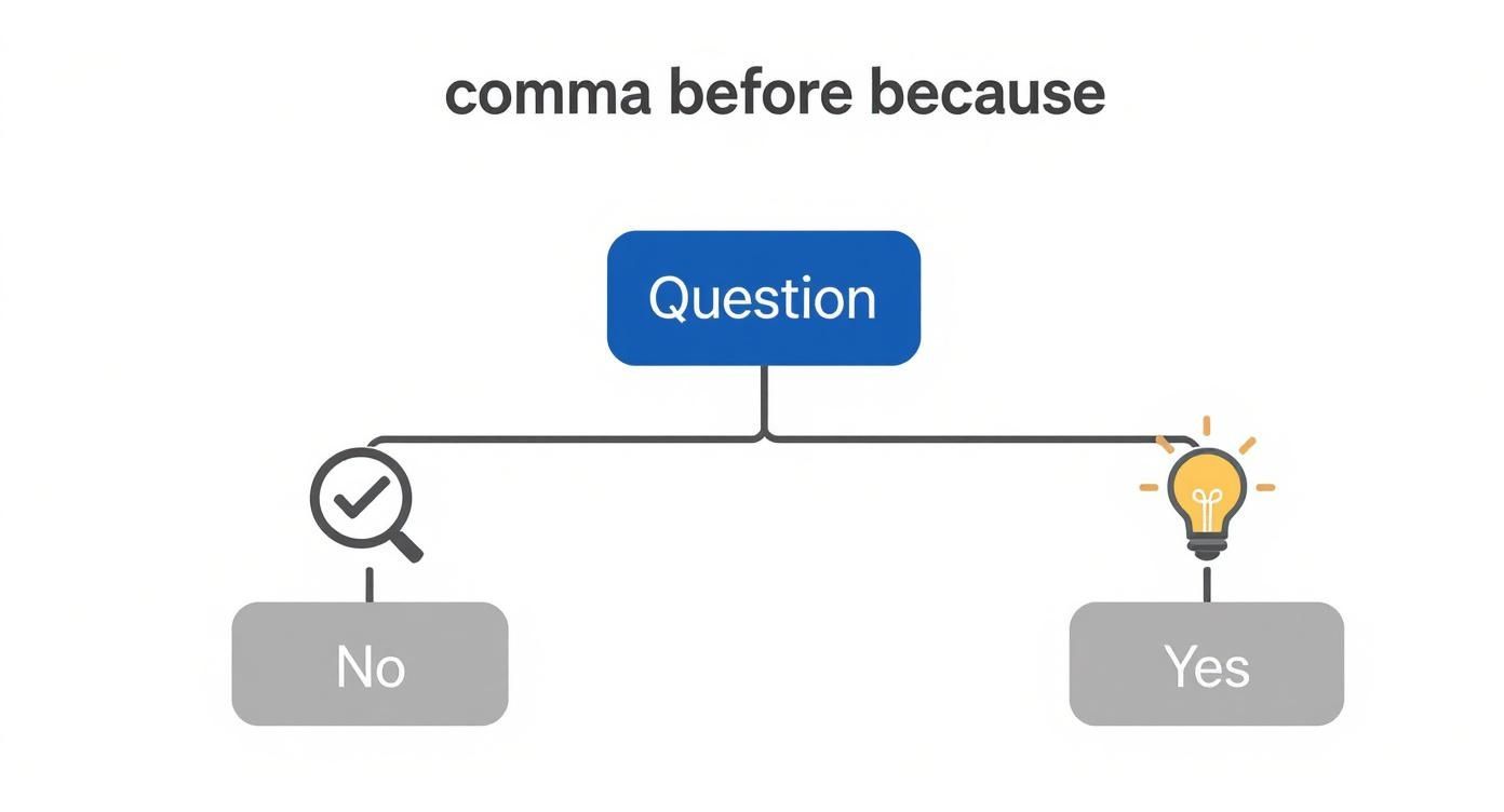 Decision flowchart diagram showing when to use comma before because with yes and no options
