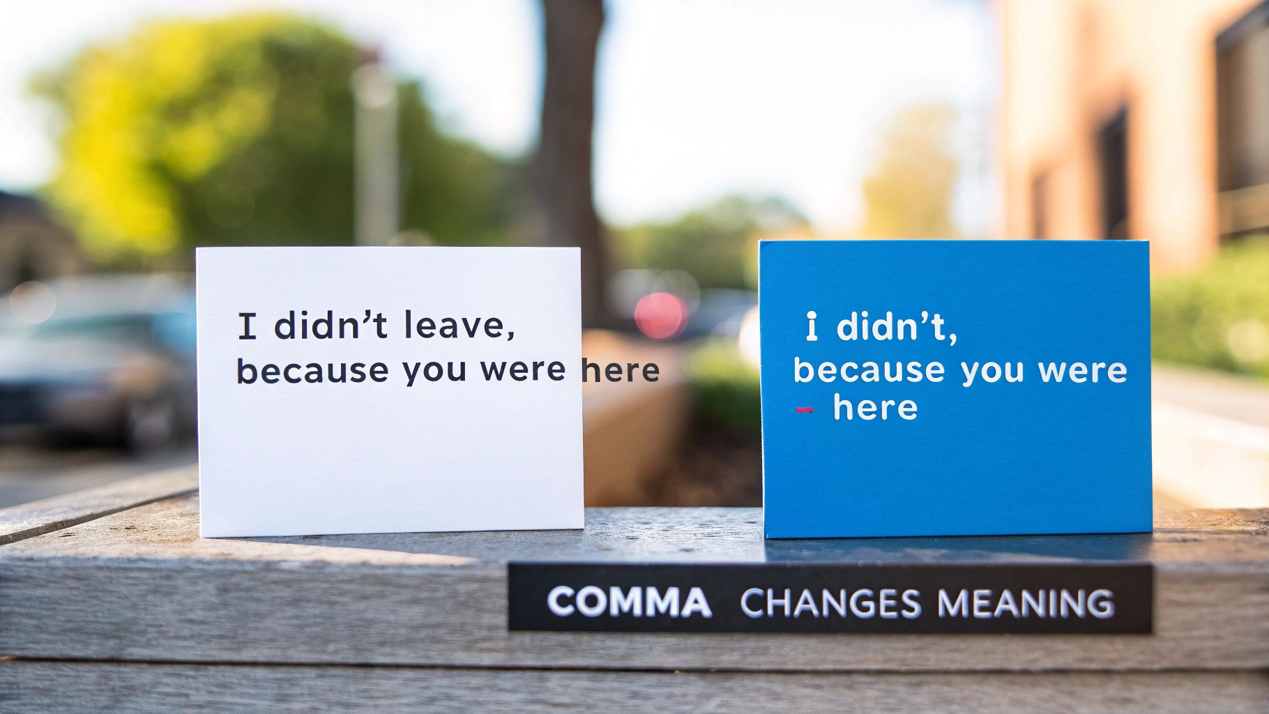 Two cards demonstrating how comma placement changes meaning in the phrase I didn't leave because you were here
