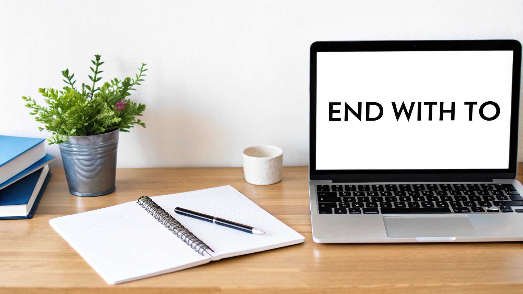 A laptop displaying 'END WITH TO' on a wooden desk with books, a plant, and an open notebook.