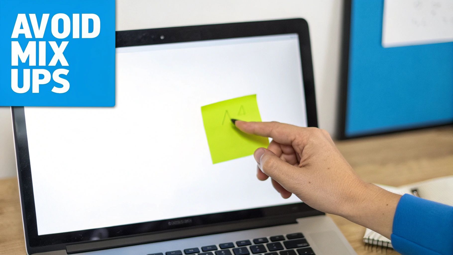 A hand places a lime green sticky note with symbols on a laptop screen, reading "AVOID MIX UPS".