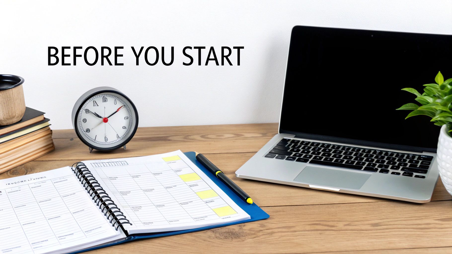 A tidy desk with a laptop, planner, clock, books, and mug, with text 'BEFORE YOU START' on the wall.