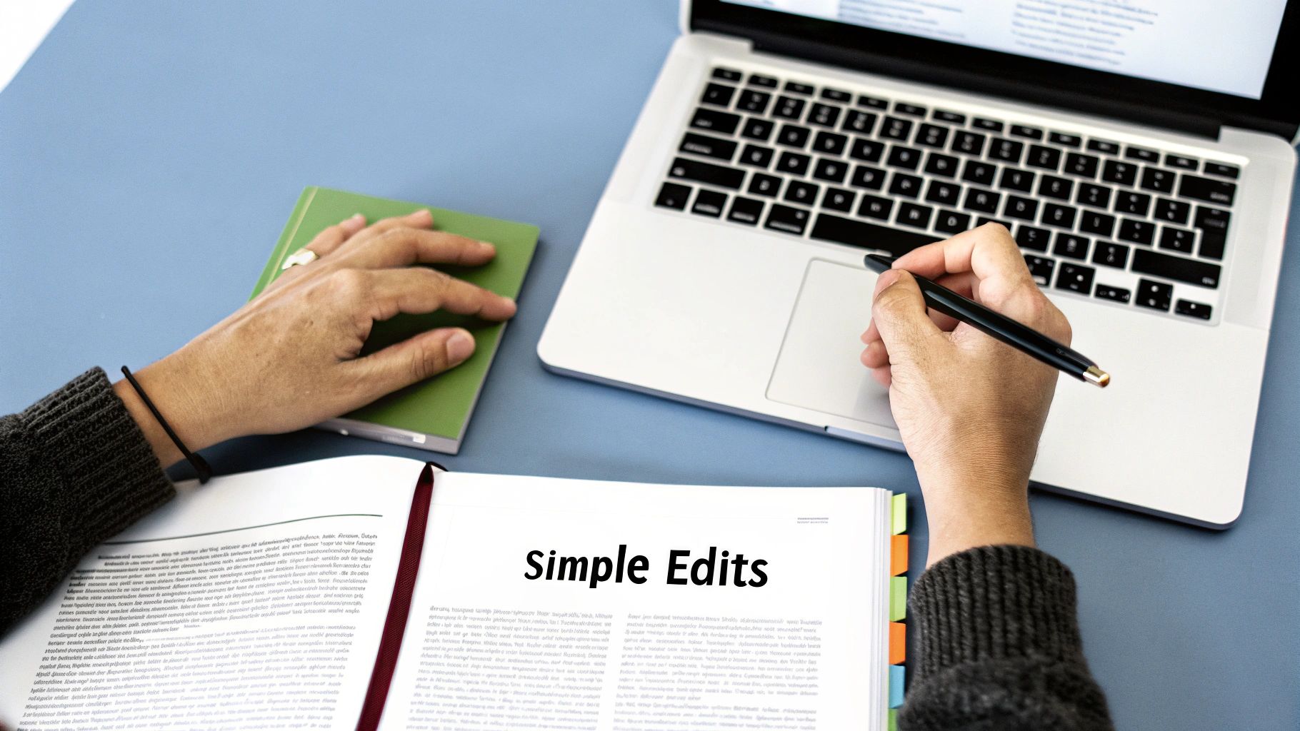 A person's hands on a desk with a laptop, green notebook, and an open book titled 'Simple Edits'.