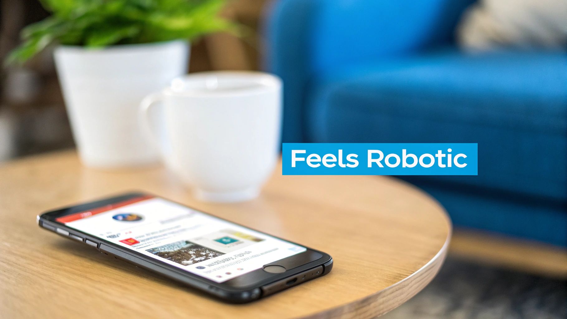 Smartphone displaying social media content on wooden table with coffee cup and blue chair background