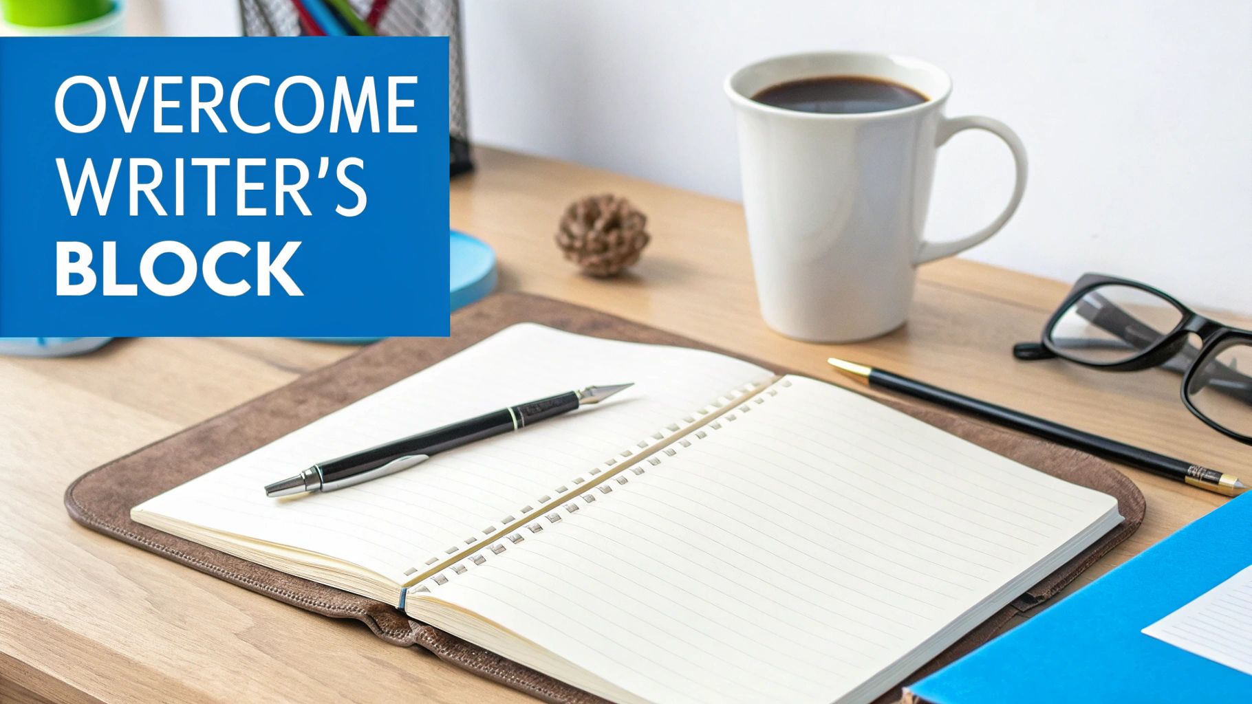 A writer sits at a desk, looking thoughtfully at a blank piece of paper in a typewriter.