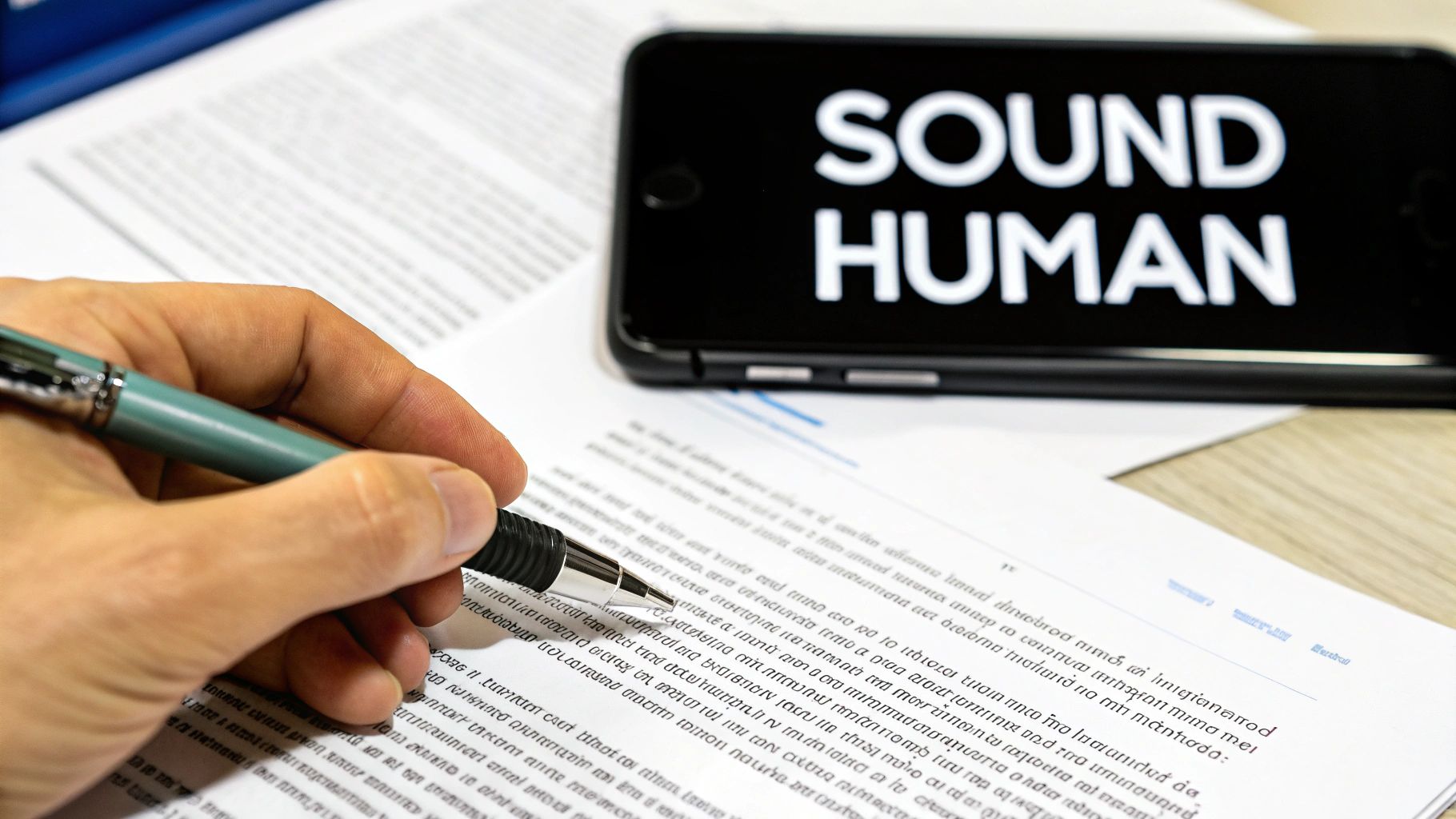 A hand holds a pen, writing on a document, with a smartphone displaying 'SOUND HUMAN' in the background.