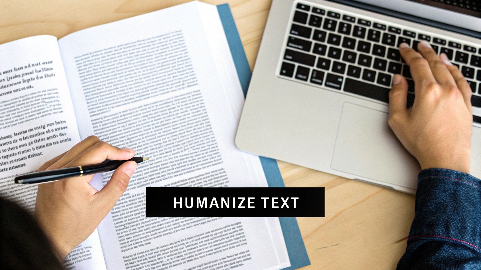 A person reviews text in a book with a pen while typing on a laptop, with 'HUMANIZE TEXT' overlaid.