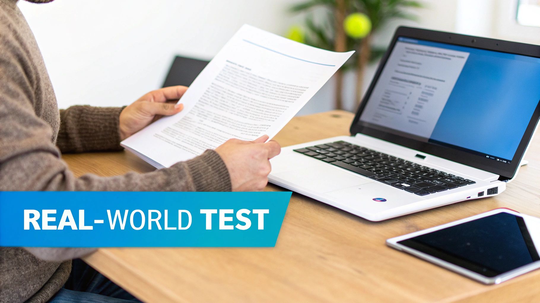 A magnifying glass hovering over text on a computer screen, symbolizing analysis and testing of content.