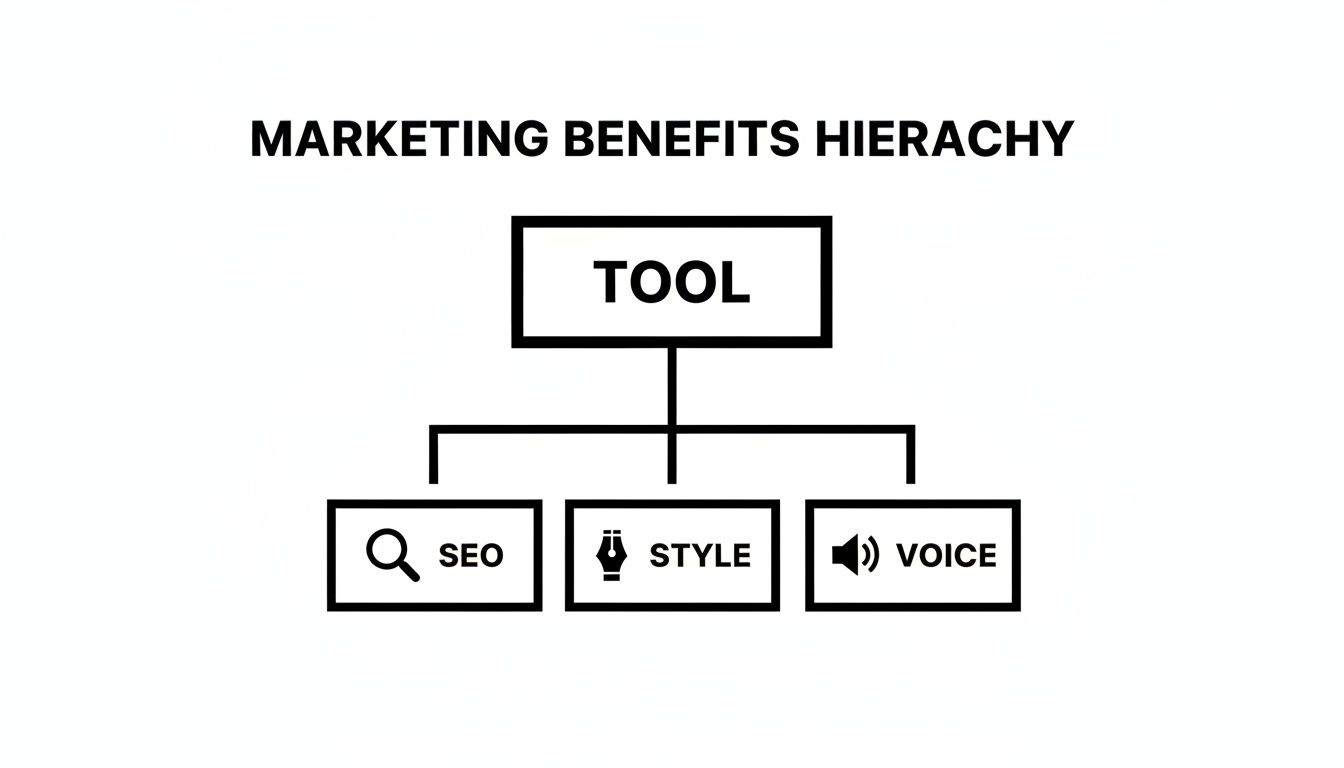 A marketing benefits hierarchy diagram showing a 'TOOL' branching into 'SEO', 'STYLE', and 'VOICE'.