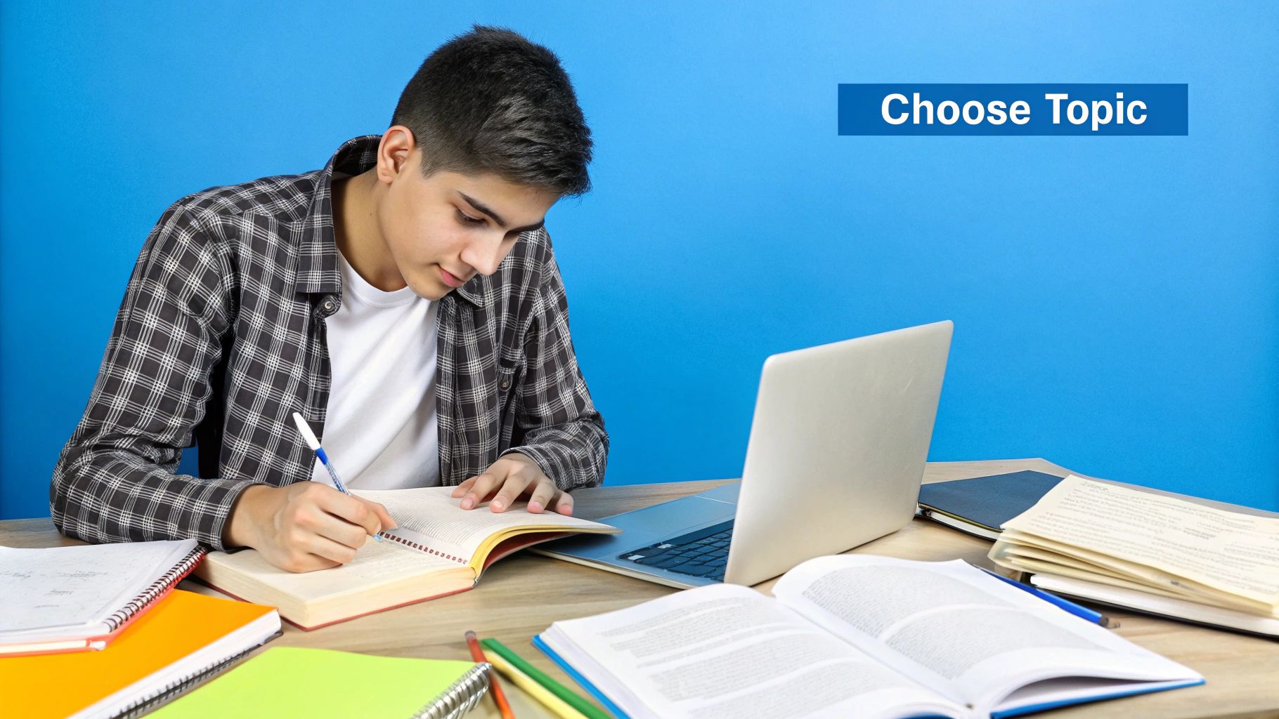 A student surrounded by books and papers, looking stressed while working on a laptop.