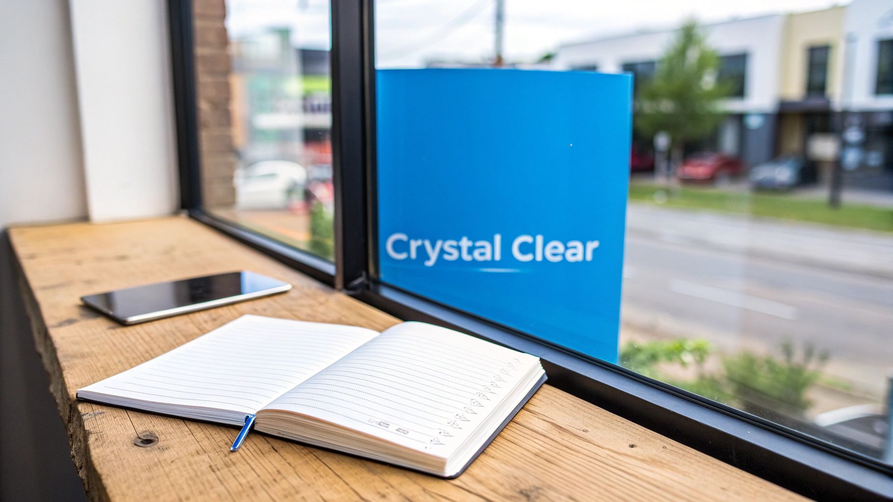 A wooden window sill with an open notebook, a smartphone, and a blue 'Crystal Clear' sign outside.