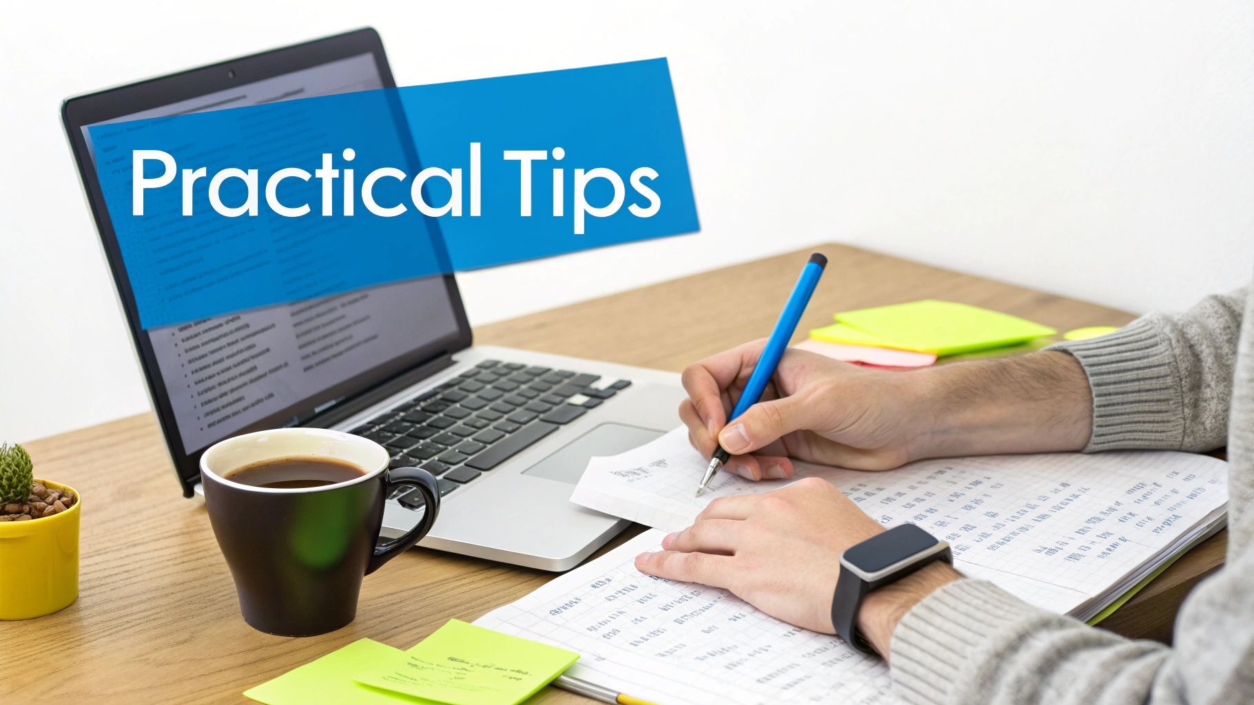 A person writing notes from a laptop showing 'Practical Tips' on a wooden desk with coffee.