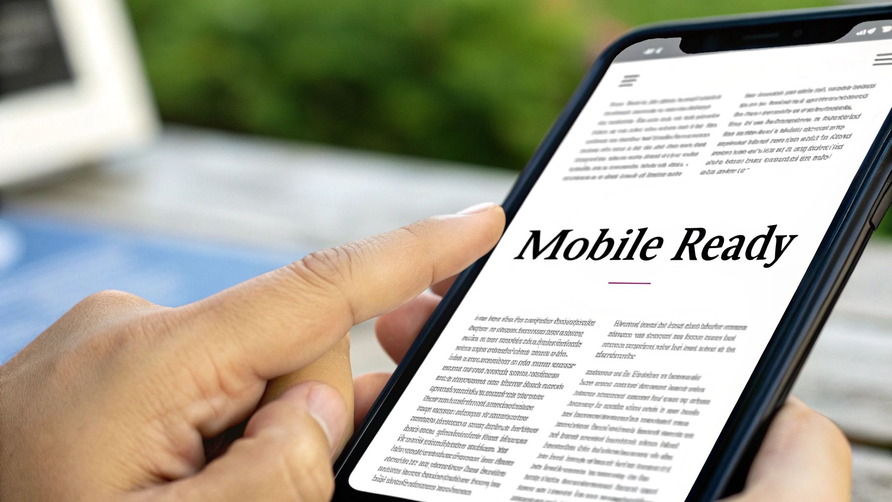Hand holding a smartphone displaying a webpage with 'Mobile Ready' text, illustrating responsive design.