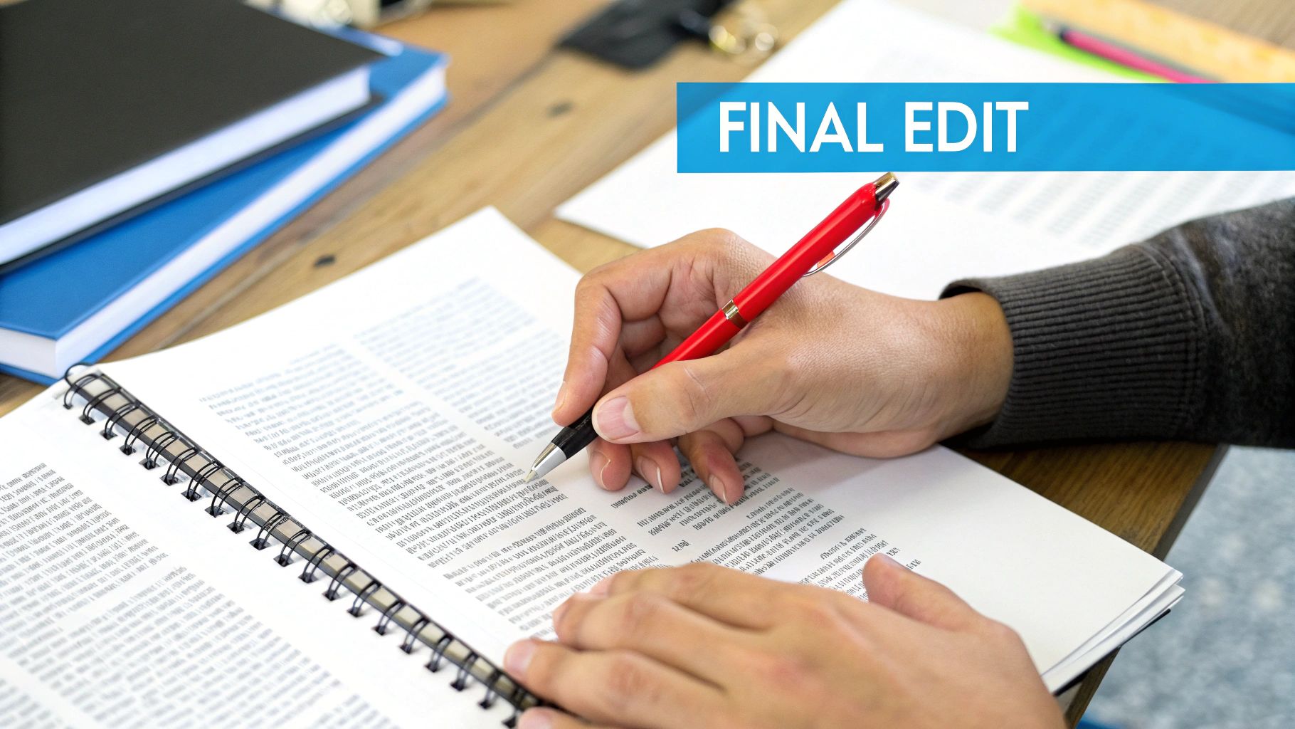 A person carefully reviewing and editing a document on a desk, representing the final polish on AI-generated text.