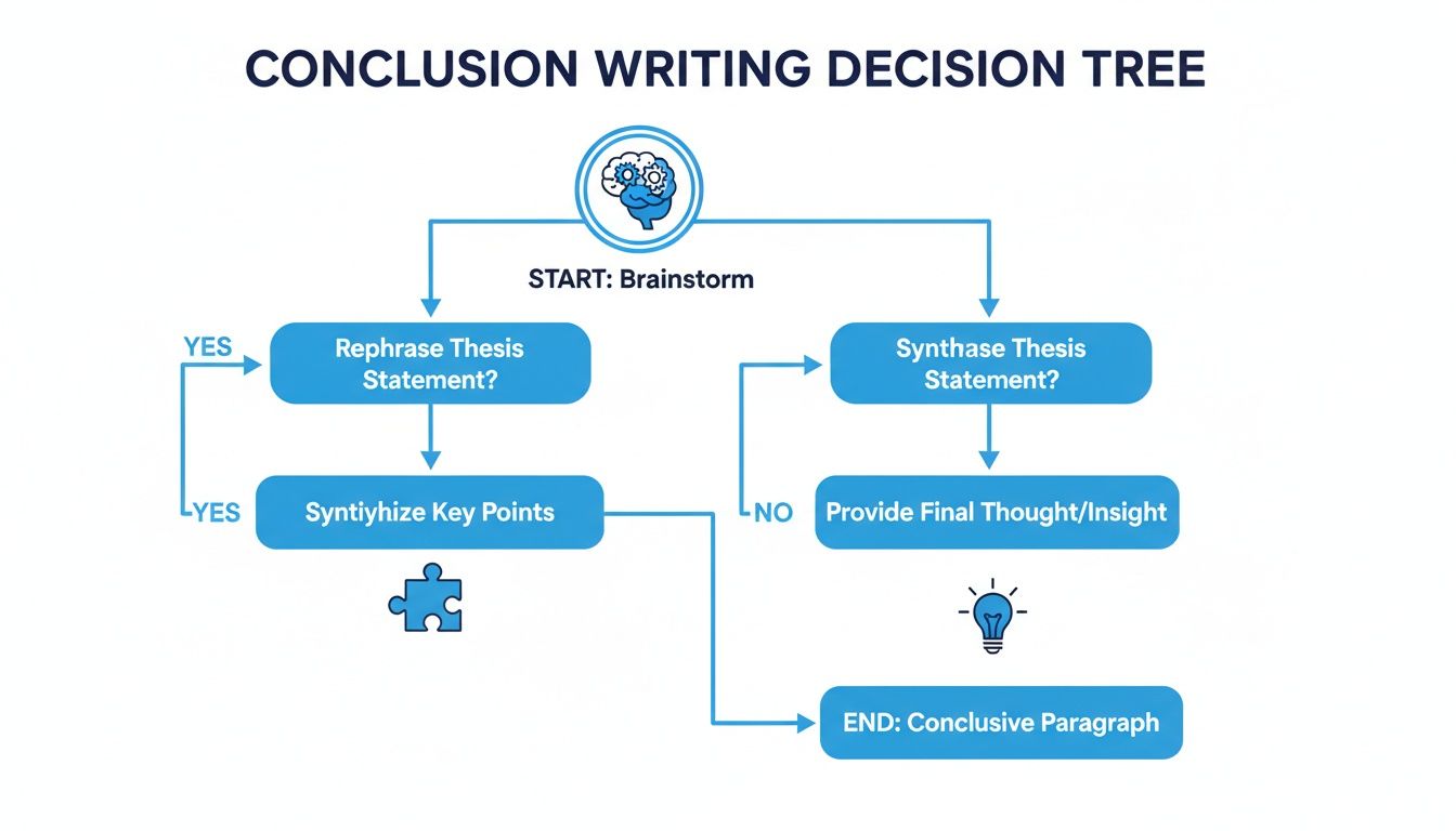Decision tree flowchart illustrating the steps and options for writing a conclusion paragraph effectively.