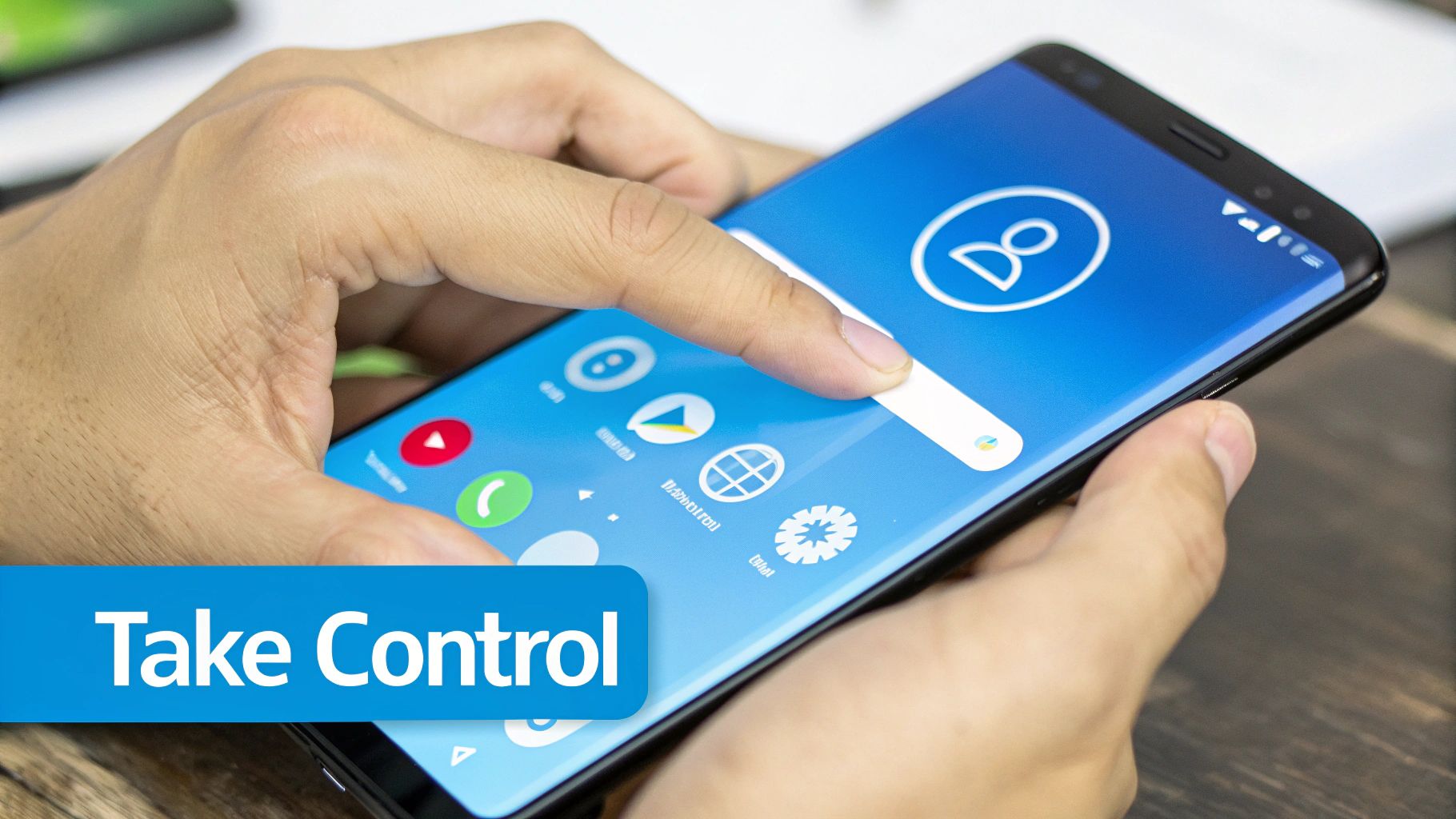 A person holding a smartphone, looking at the settings screen with a focused expression.
