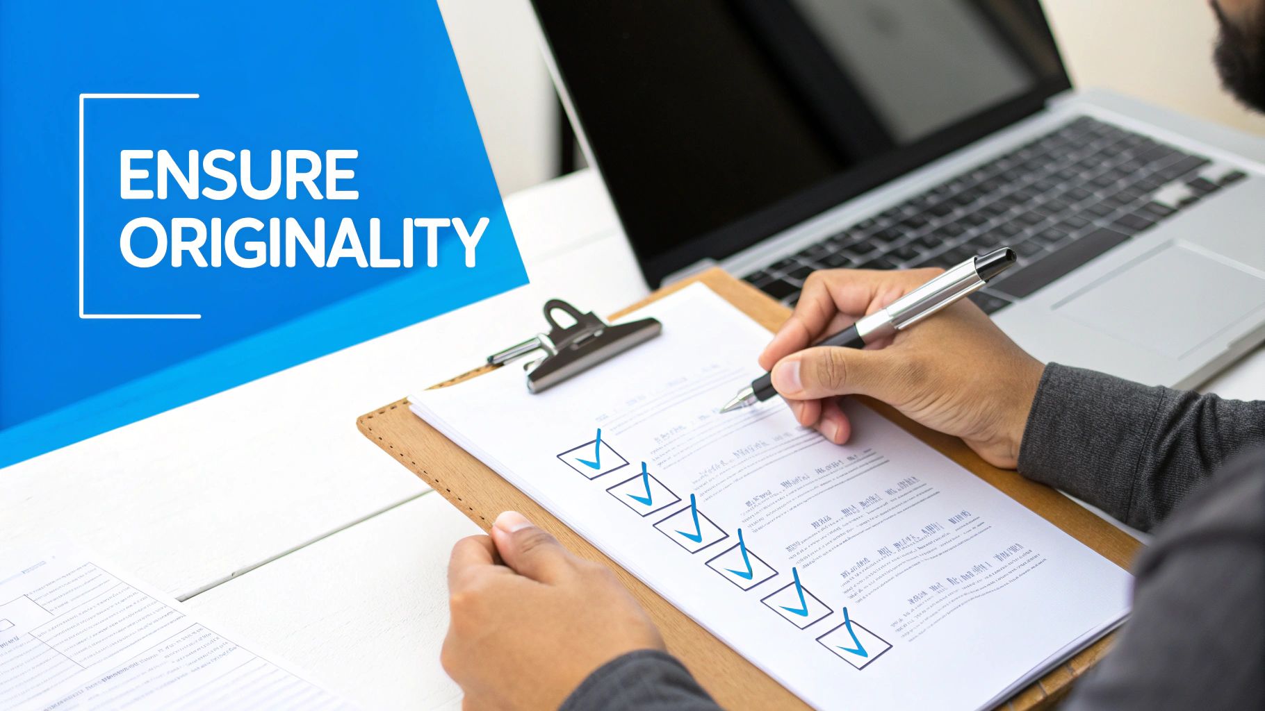 Close-up of hands marking a checklist on a clipboard with a laptop and "ENSURE ORIGINALITY" text.