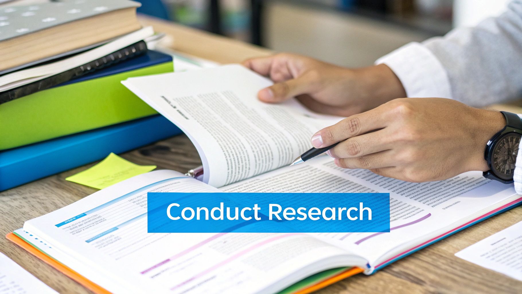 A student looking focused while reviewing research notes and using a laptop.