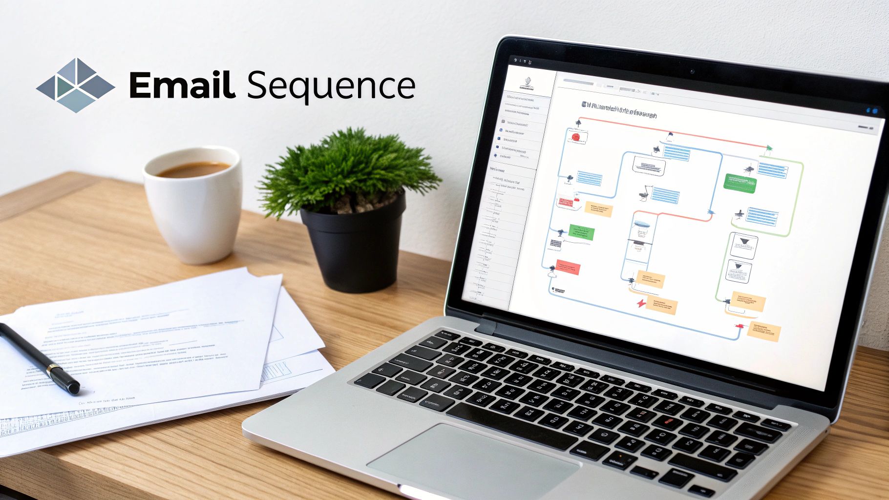 A laptop displays an email sequence flowchart on a wooden desk with a coffee cup and papers.