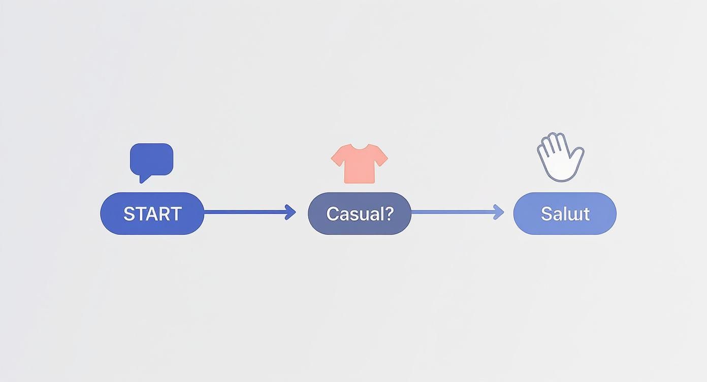 Flowchart diagram showing French greeting decision process from start through casual question to salut