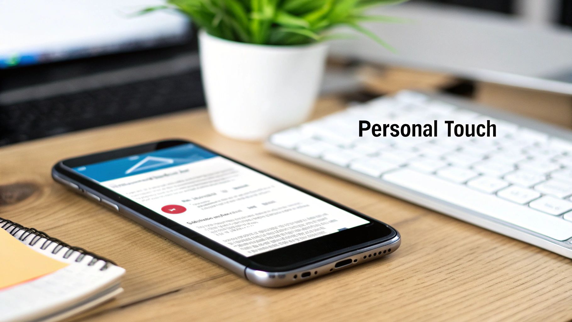 A smartphone displaying an email on a wooden desk, alongside a white keyboard, green plant, and notebook.