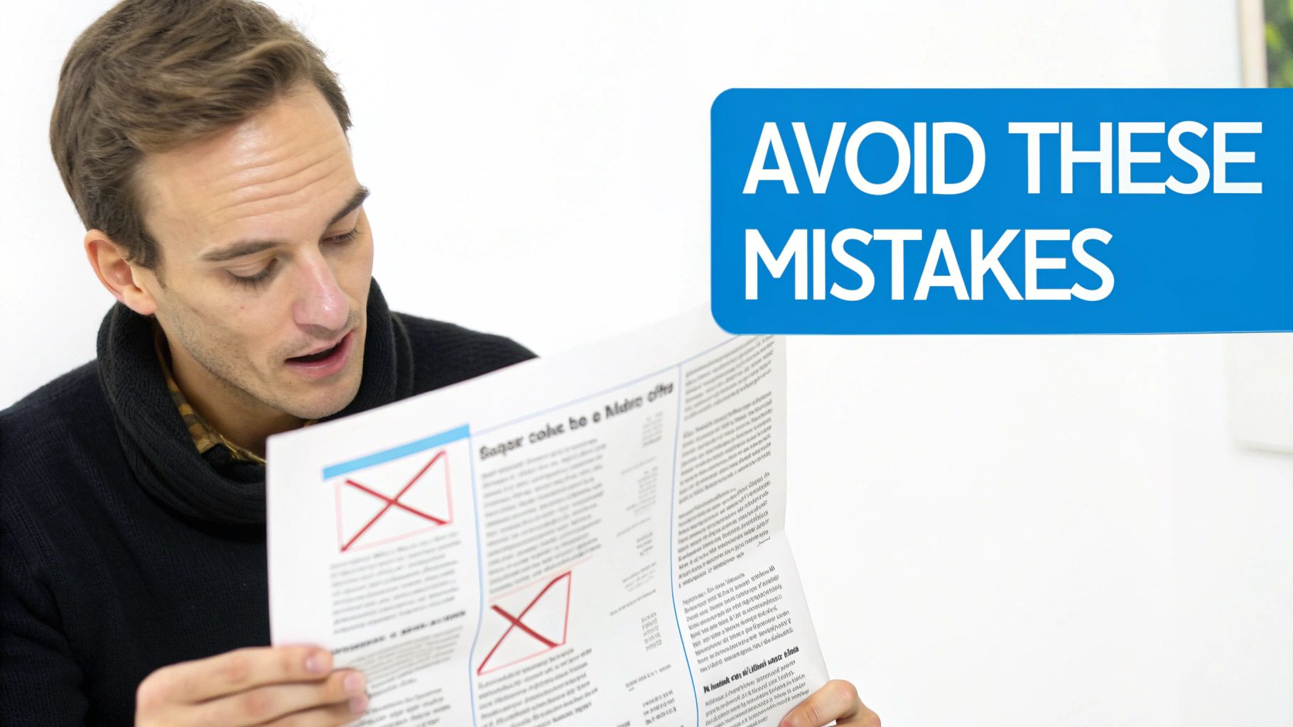 A man intensely reads a document with red 'X' marks, next to a blue banner stating 'AVOID THESE MISTAKES'.