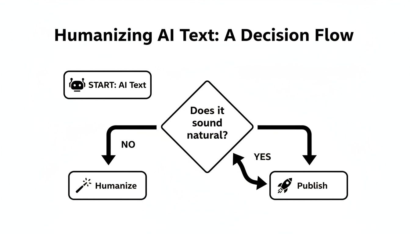 A flowchart detailing the decision-making process for humanizing AI-generated text, including reviewing and publishing.
