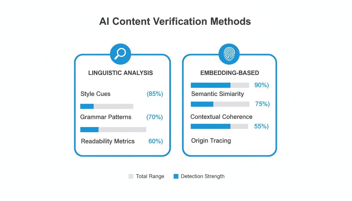 Infographic illustrating AI content verification methods, including linguistic analysis and embedding-based techniques with their detection strengths.
