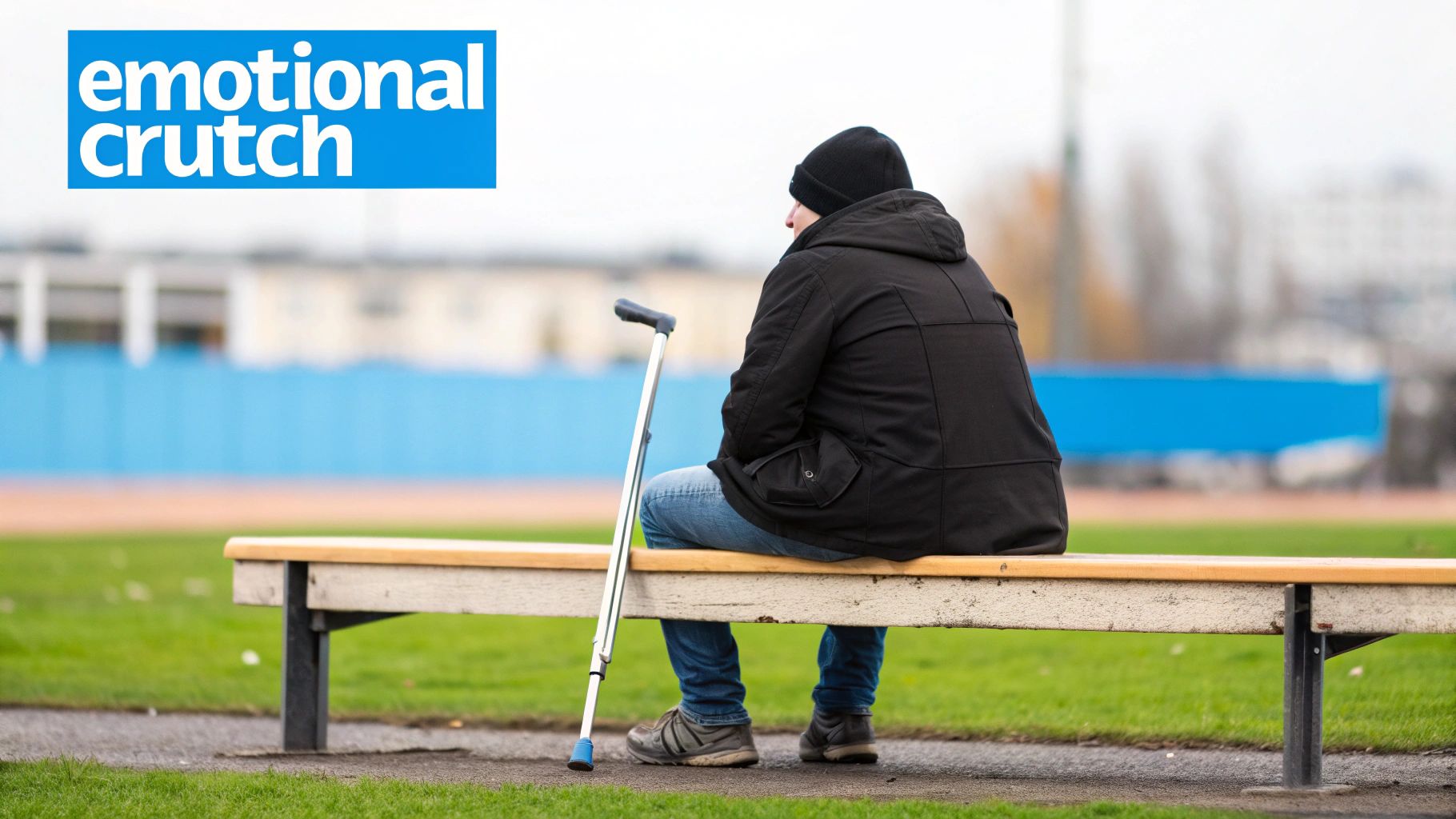 A person sits alone on a park bench with a crutch, accompanied by 'emotional crutch' text.
