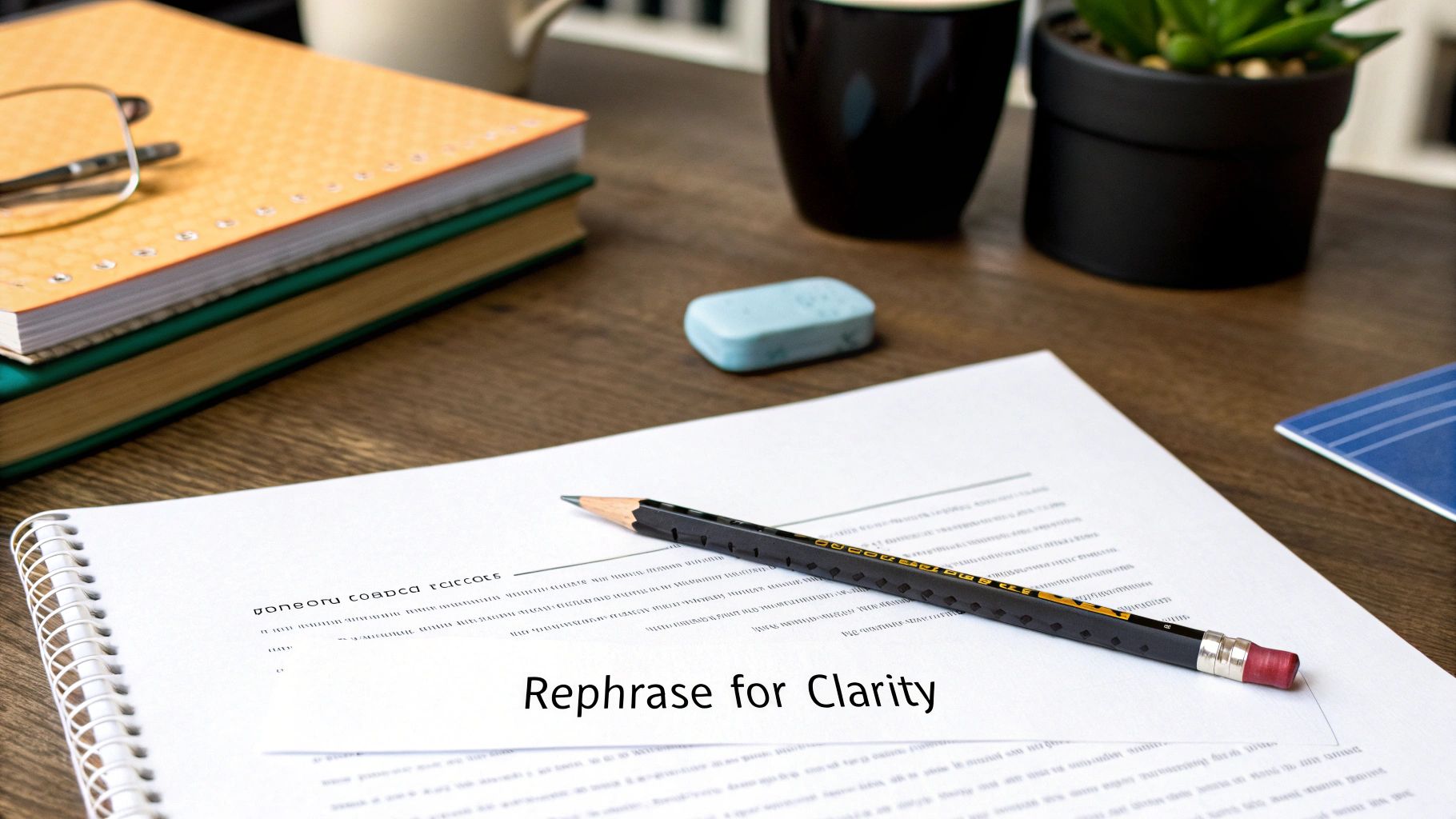 A neatly organized study desk featuring a notebook, pencil, books, glasses, and a 'Rephrase for Clarity' message.