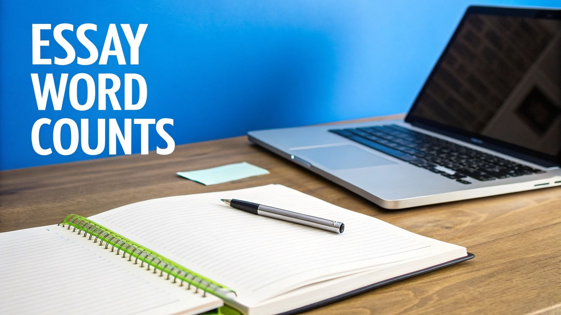 Laptop, open notebook with pen on a desk, and 'ESSAY WORD COUNTS' text on blue background.