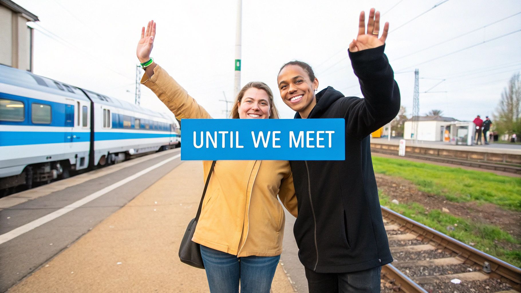 Two happy friends waving goodbye at train station platform with blue text overlay