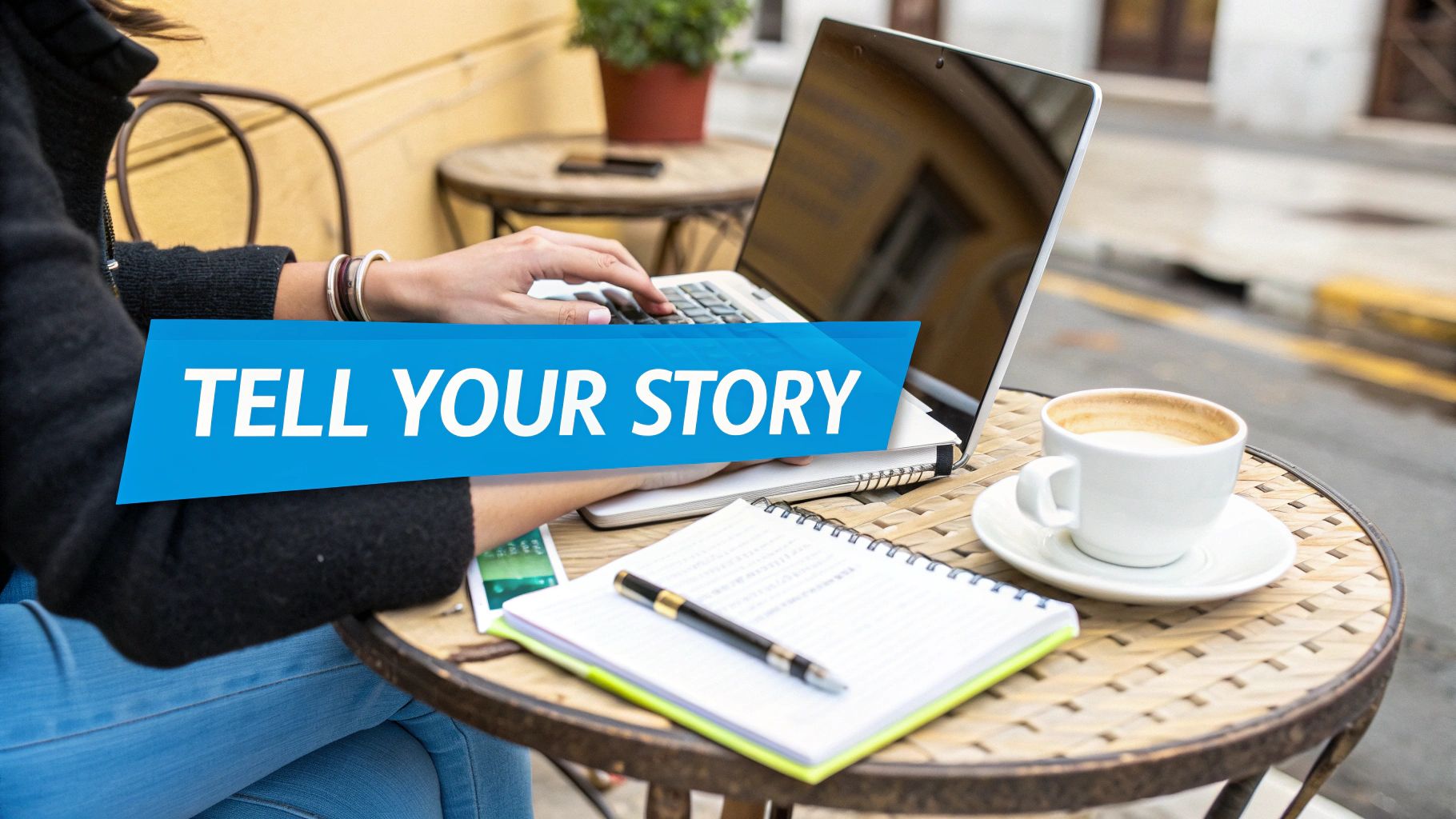 Person typing on laptop at outdoor cafe table with notebook and coffee cup