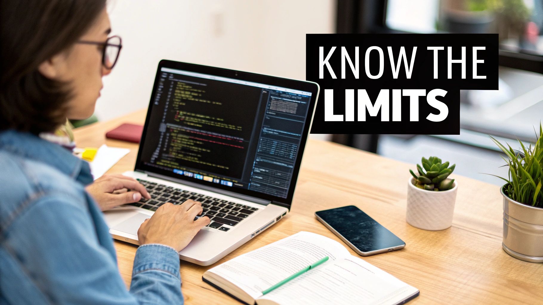 A person codes on a laptop displaying 'KNOW THE LIMITS' text, alongside a notebook and plants.