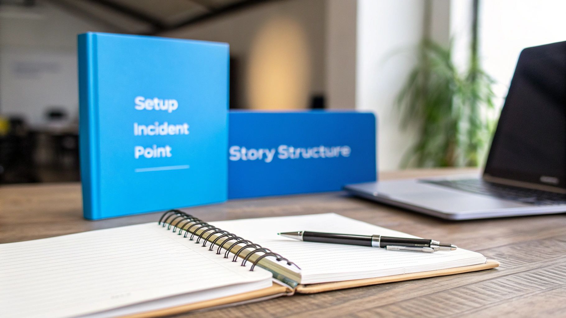 A desk with two blue books on 'Setup Incident Point' and 'Story Structure', a notebook, pen, and laptop.
