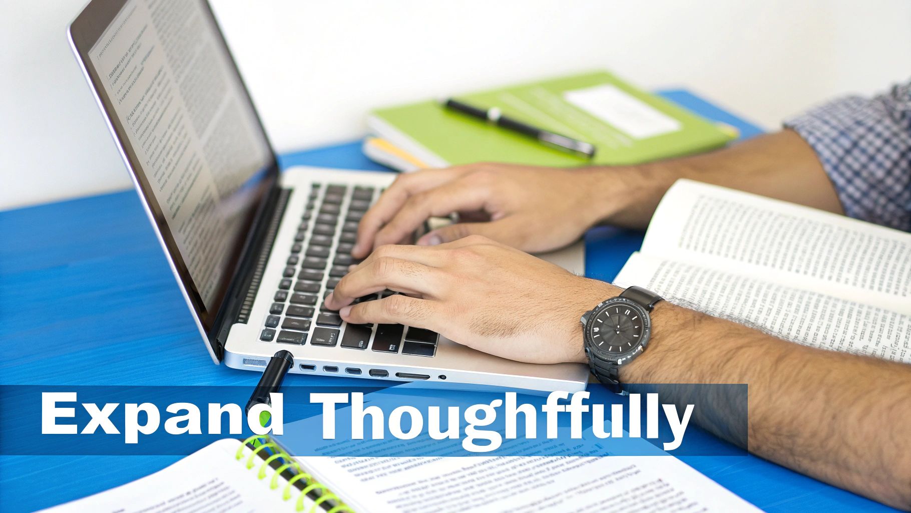 Hands typing on a laptop next to an open book and green notebooks on a blue desk.