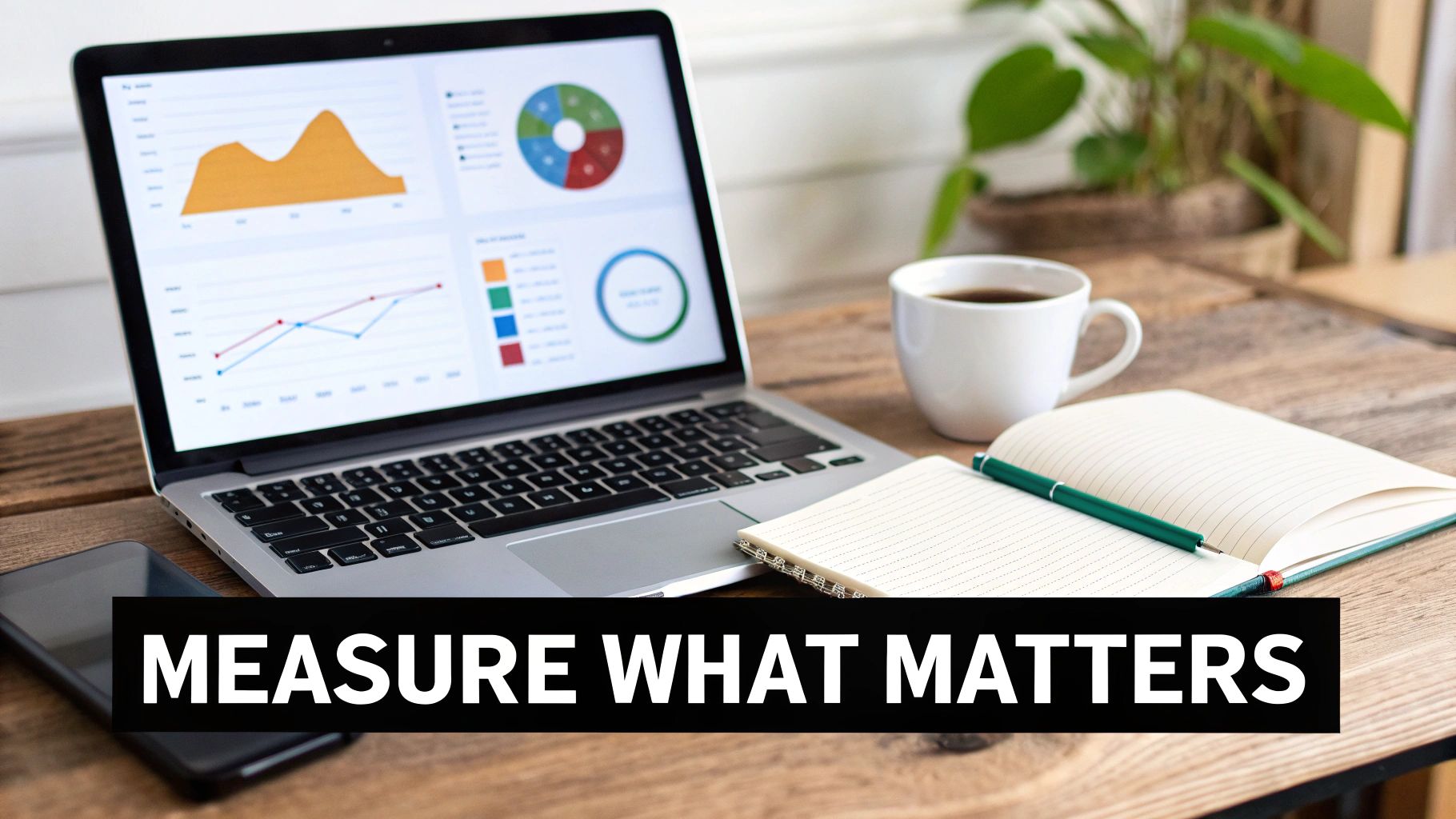 A laptop displaying data charts, coffee, notebook, and smartphone on a wooden desk, with 'MEASURE WHAT MATTERS' text.