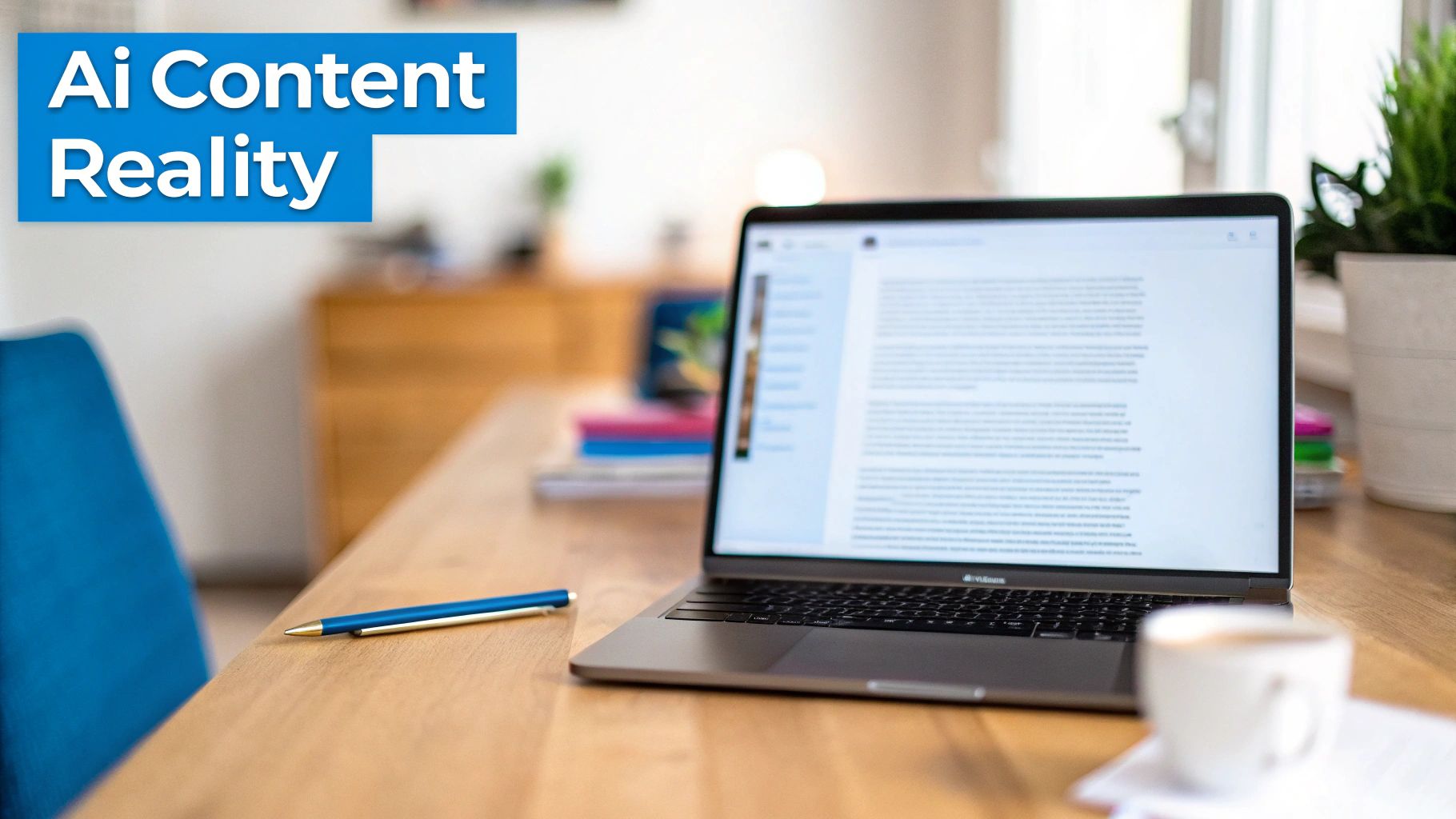 Laptop on a wooden desk displays 'AI Content Reality' text, alongside a pen and coffee cup.