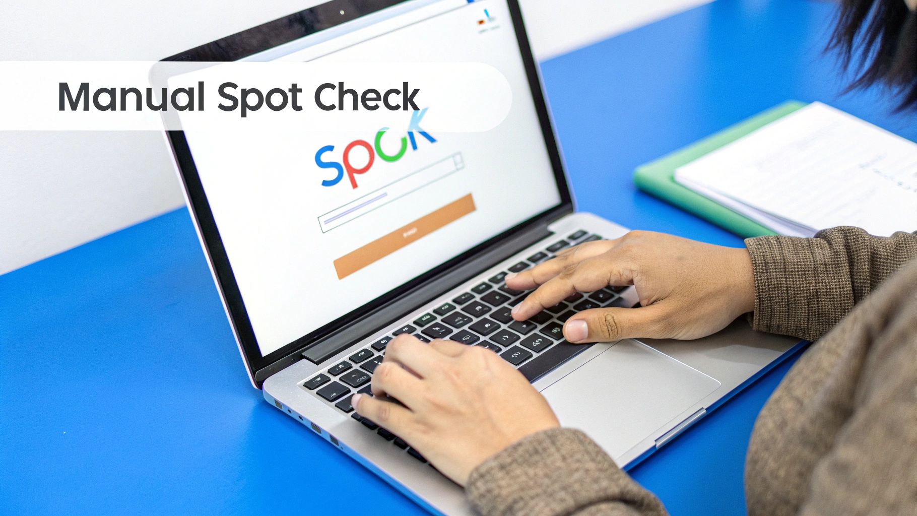 A person using a search engine on a laptop to manually check for plagiarism.