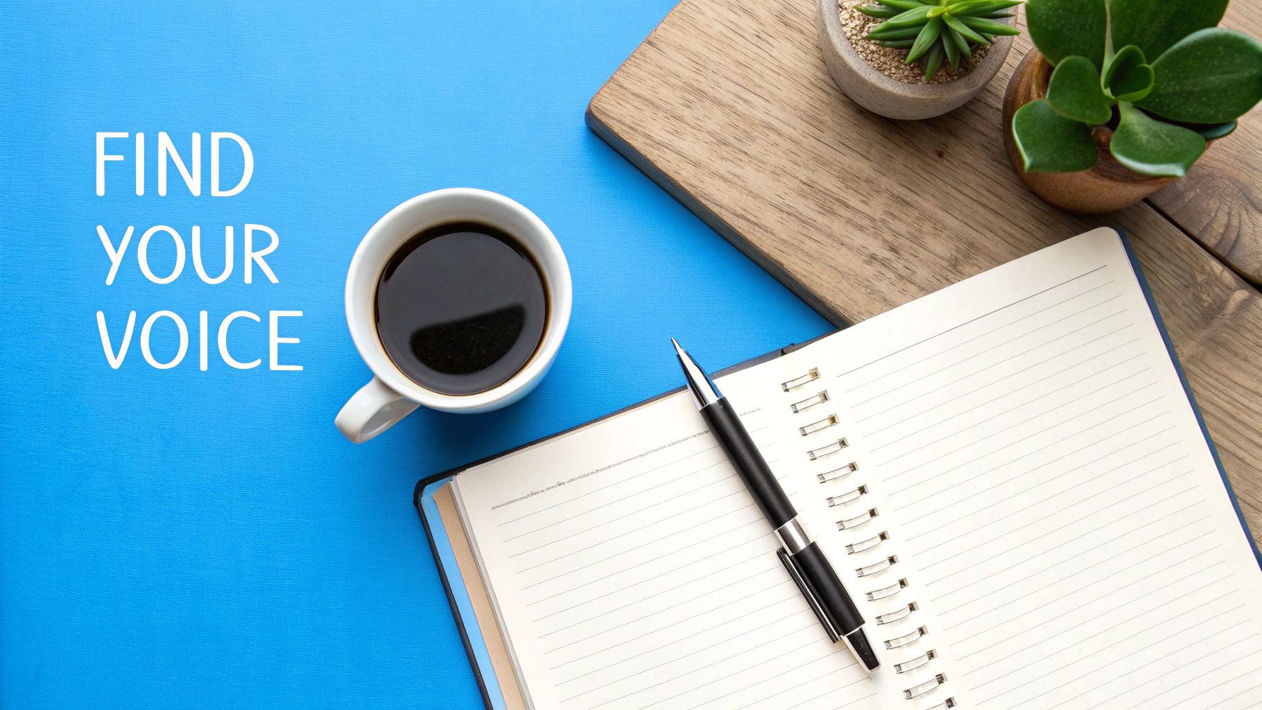 A person writing at a desk, surrounded by creative and colorful ideas, representing finding a unique brand voice.