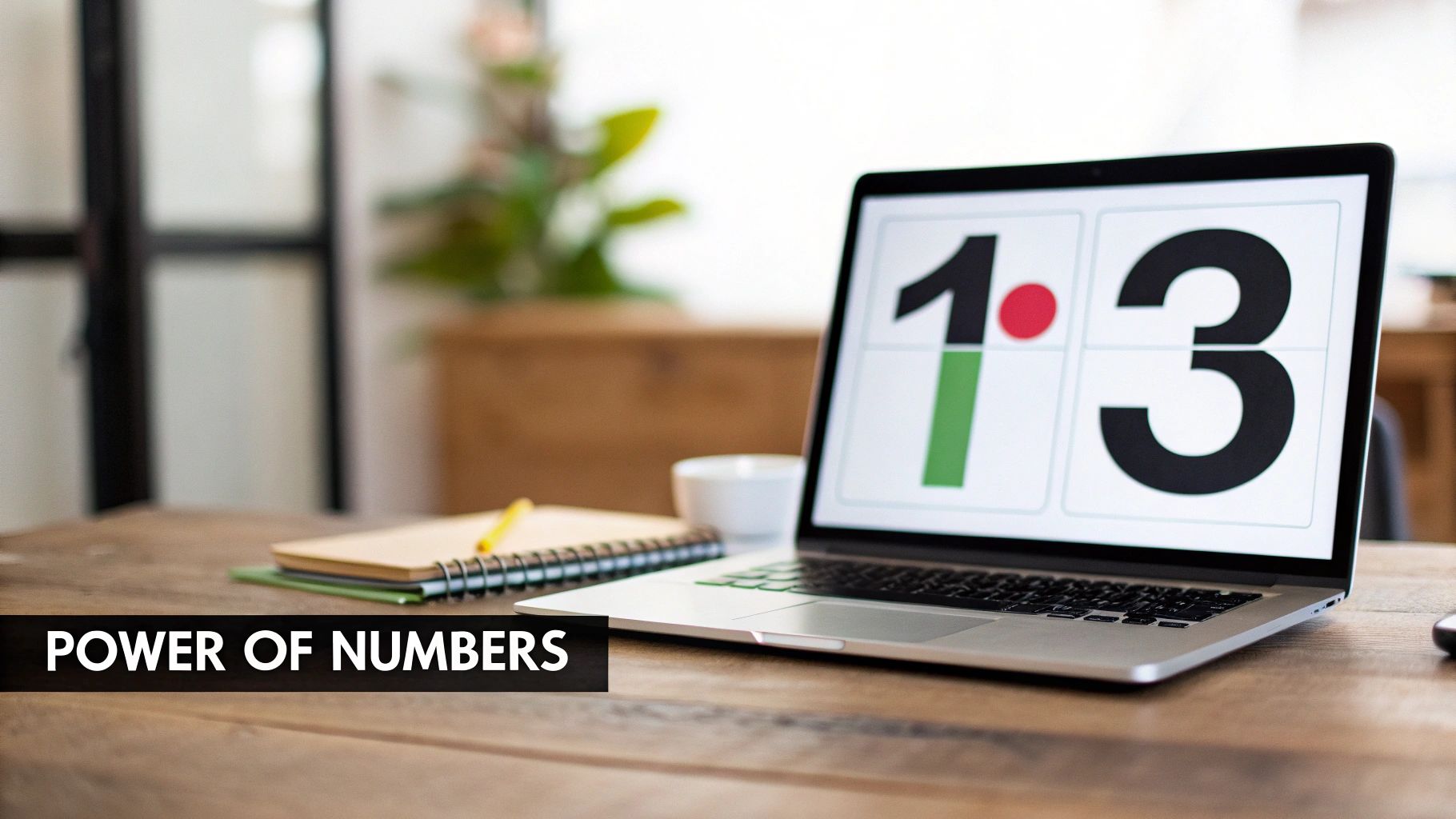 A laptop on a wooden desk displays large numbers 1 and 3 on its screen, with a notebook and pen nearby.