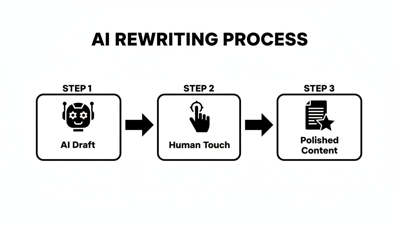 A flowchart showing the AI rewriting process with steps: AI Draft, Human Touch, and Polished Content.