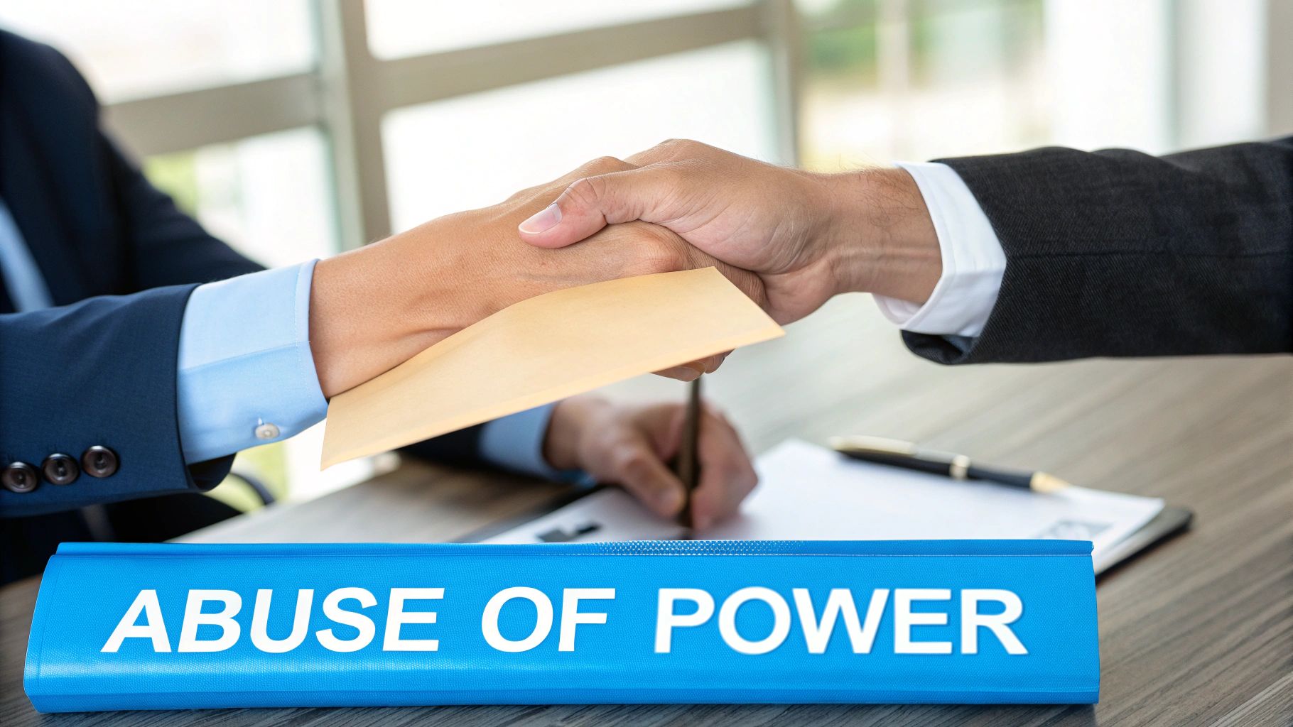 Two businessmen shaking hands, one discreetly passing an envelope, with 'ABUSE OF POWER' on a binder.
