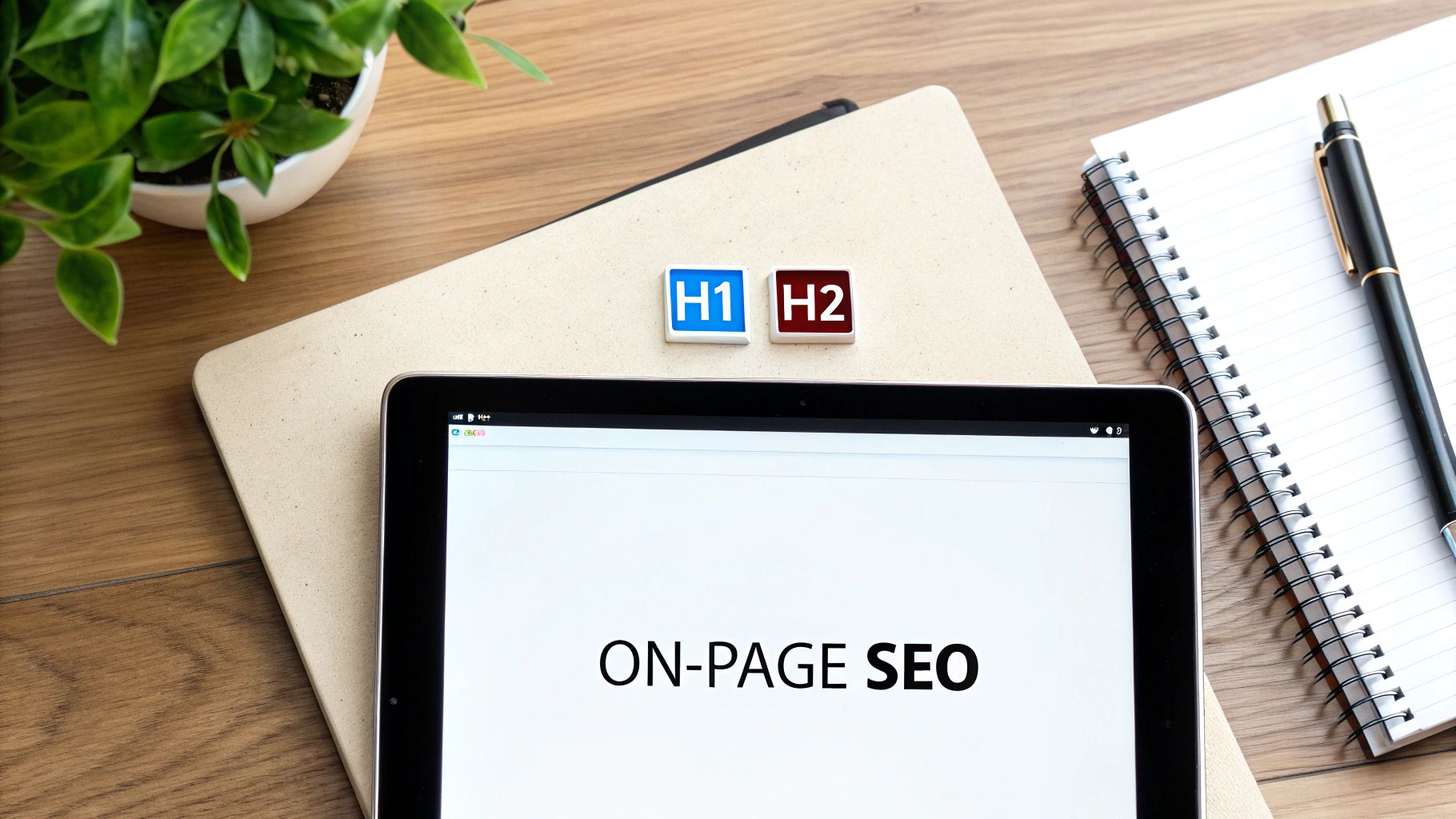 A tablet on a wooden desk displays 'ON-PAGE SEO' text, next to H1 and H2 blocks.