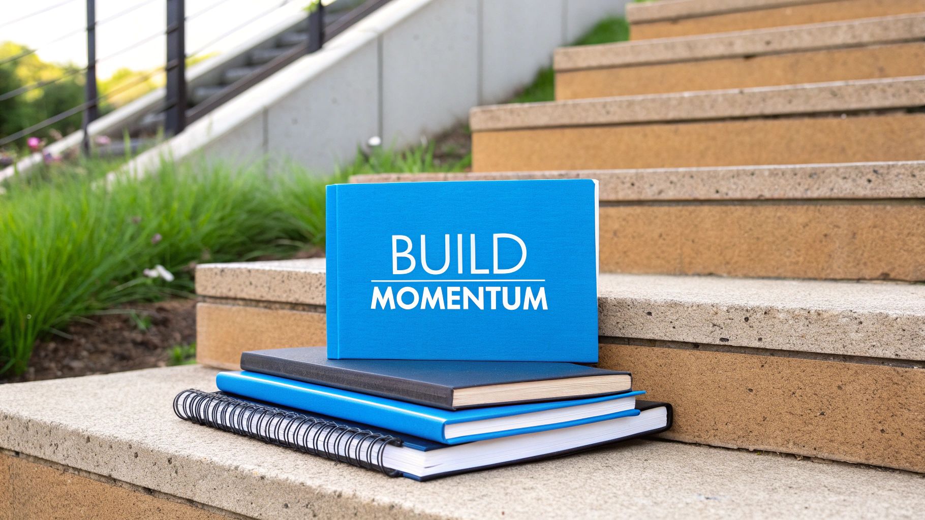 A blue book with “BUILD MOMENTUM” on concrete steps, stacked on other notebooks, with greenery.