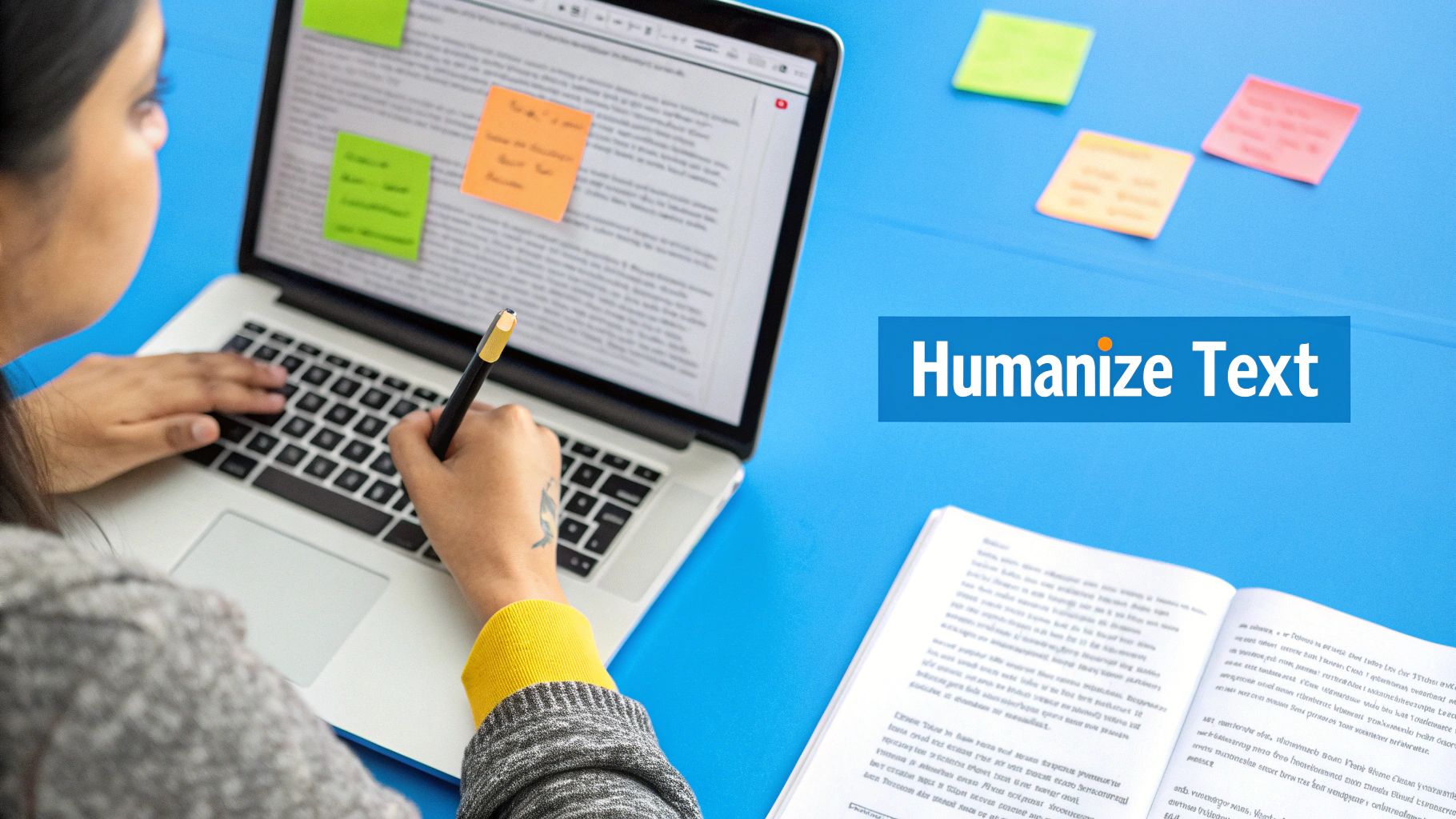 A writer editing a document on a screen, with some text highlighted, symbolizing the process of refining AI-generated content.