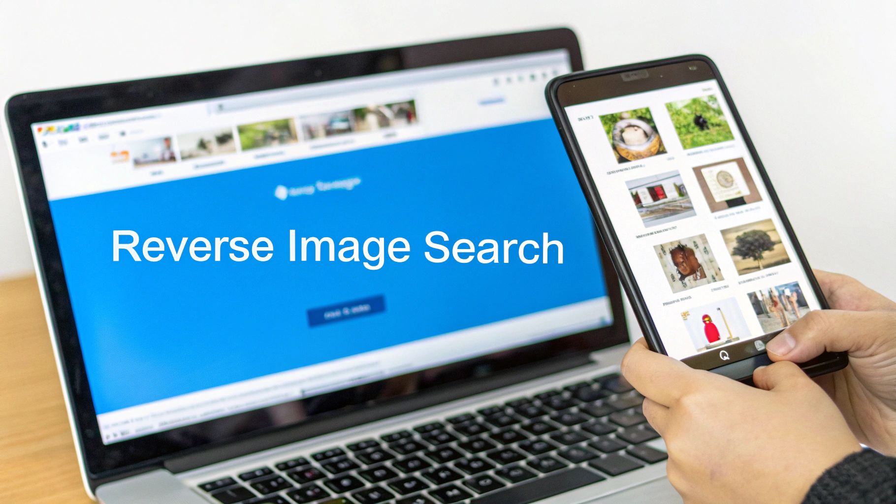 A person conducts a reverse image search on a laptop while browsing image results on a smartphone.
