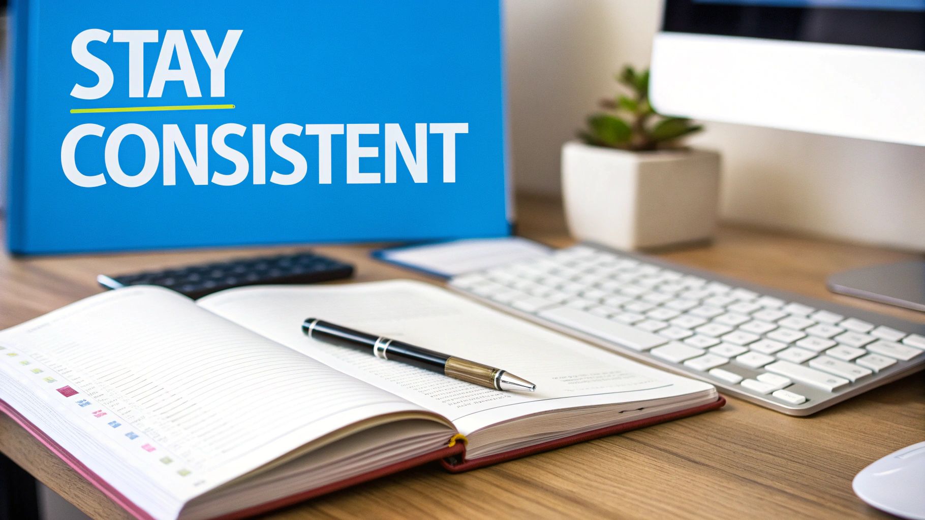 A blue sign on an office desk says 'STAY CONSISTENT' next to a planner, pen, computer, and plant.