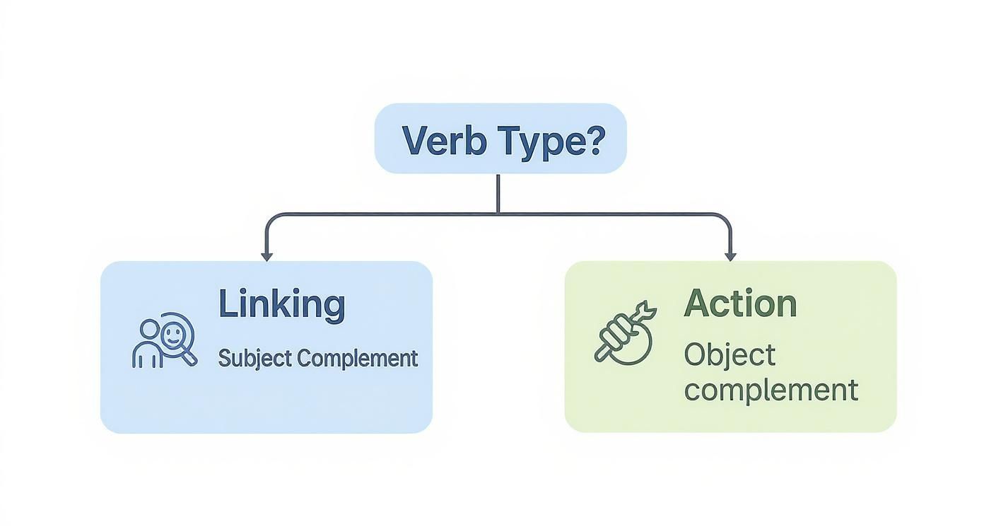 Flowchart showing verb types: linking verbs with subject complement and action verbs with object complement