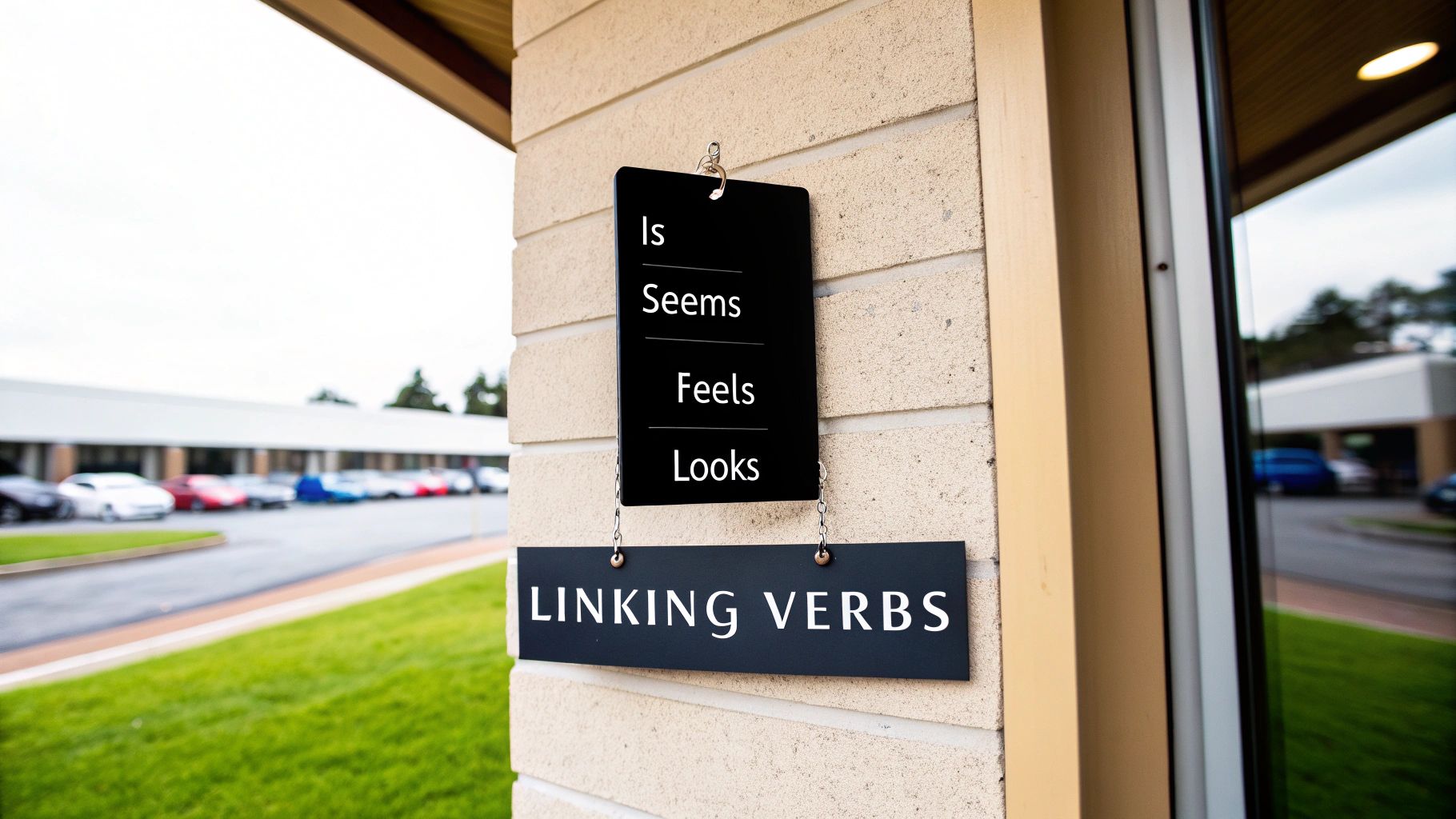 Black signs on a brick wall displaying 'Is, Seems, Feels, Looks' above 'LINKING VERBS'.