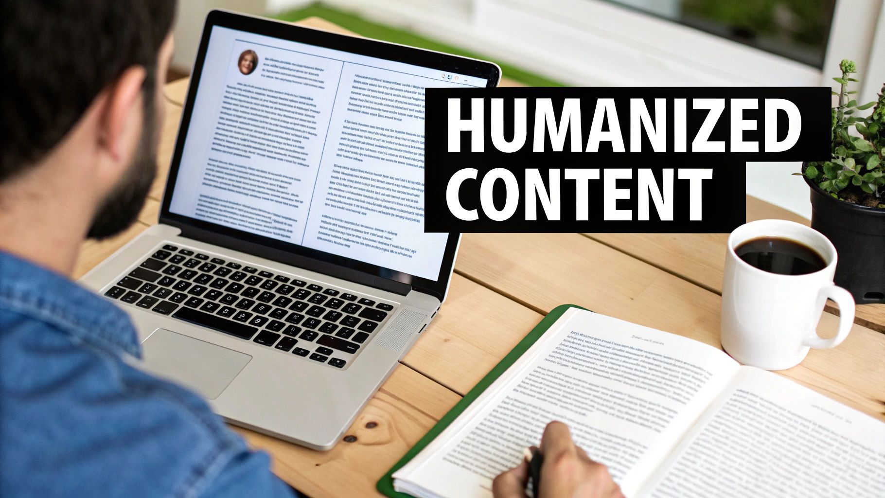 Person working on a laptop, reading a book, and drinking coffee with 'Humanized Content' overlay.